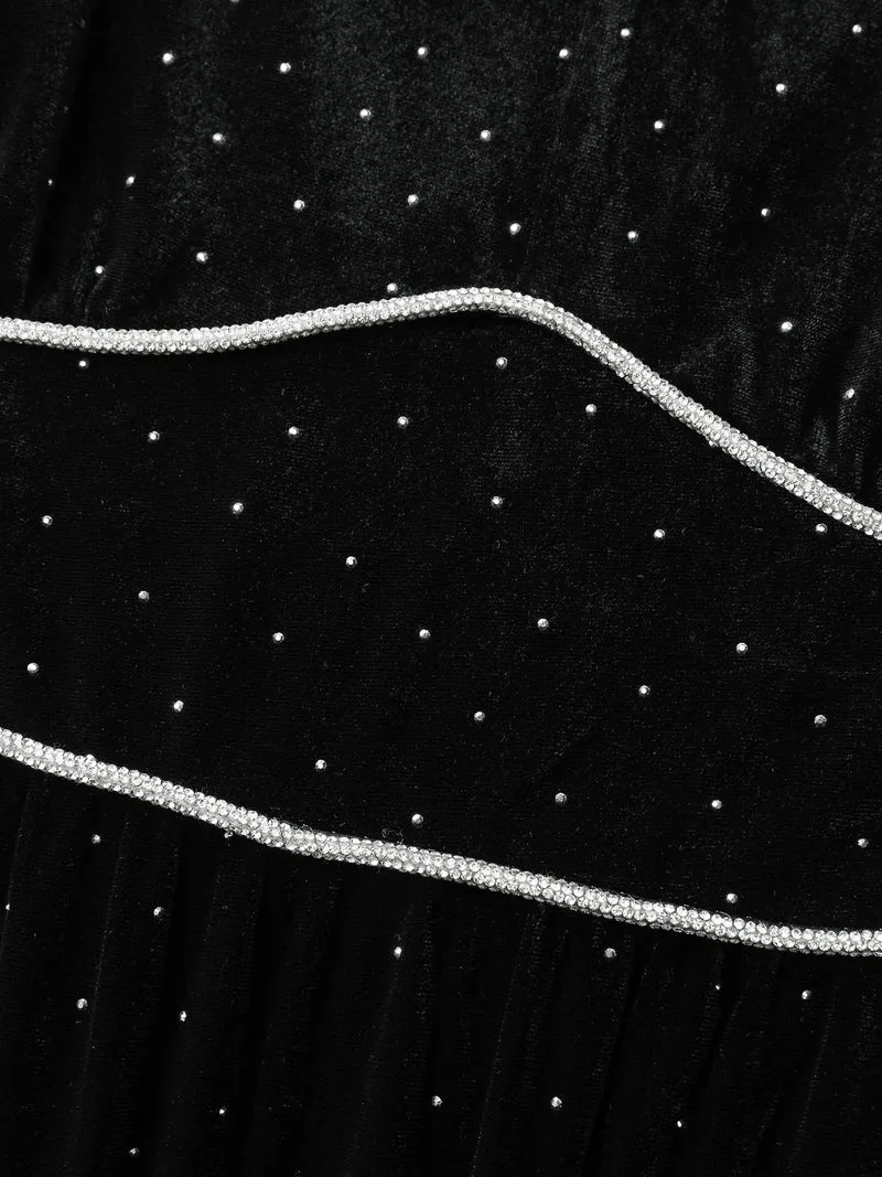 Velvet Rhinestone Cinched-Waist Pockets Midi Dress