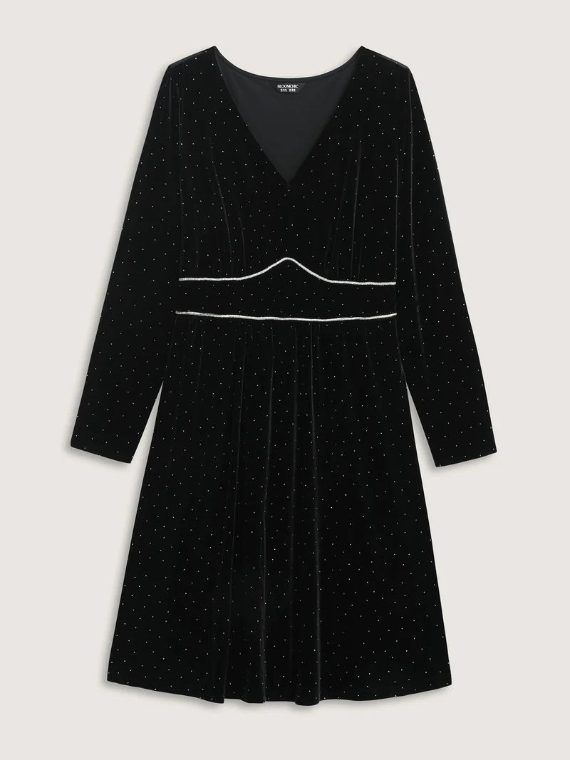 Velvet Rhinestone Cinched-Waist Pockets Midi Dress