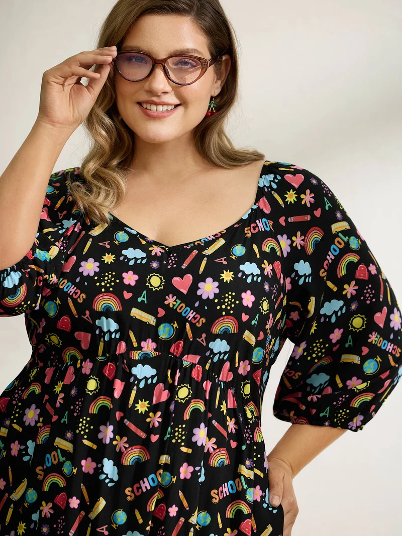 Playful School Print Rayon Deep Neck Midi Dress