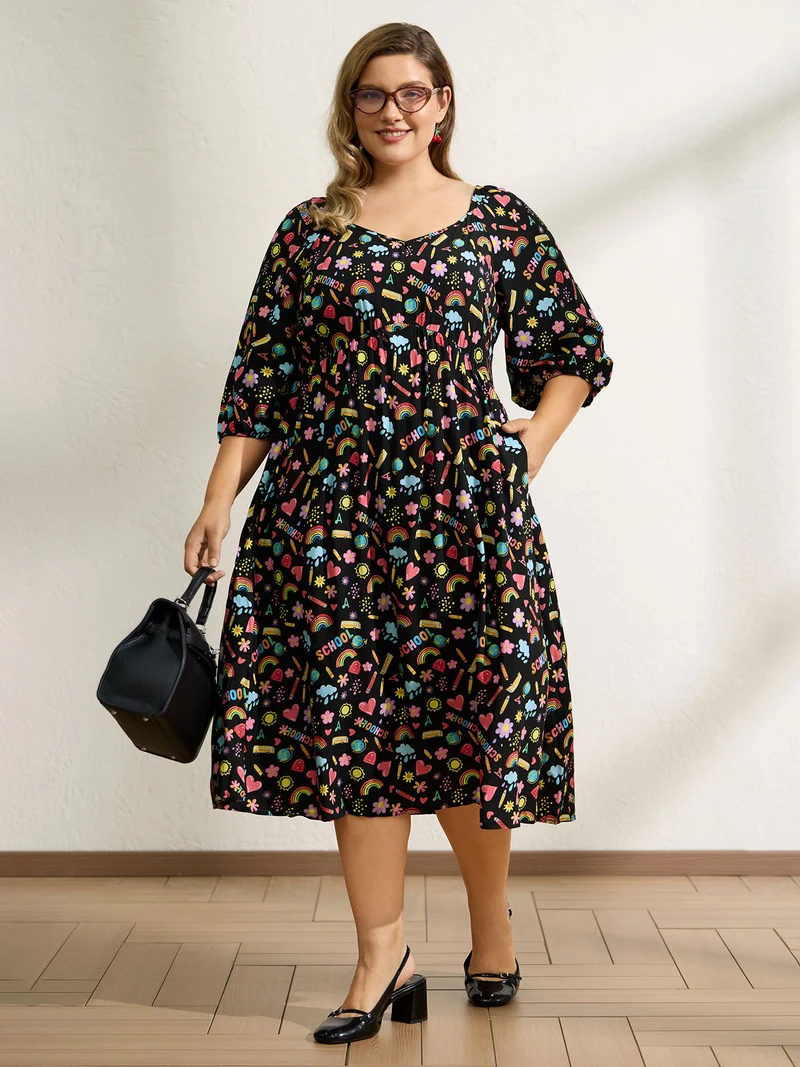 Playful School Print Rayon Deep Neck Midi Dress