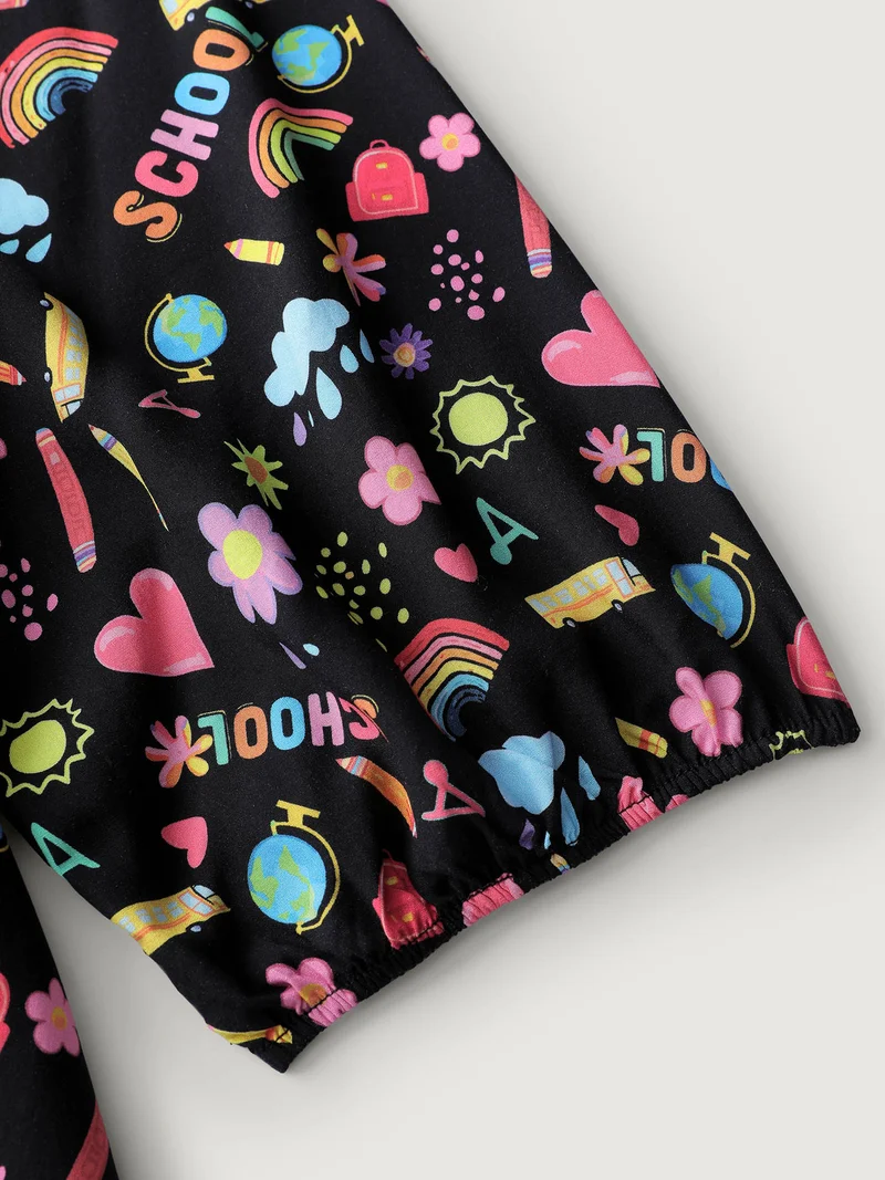 Playful School Print Rayon Deep Neck Midi Dress