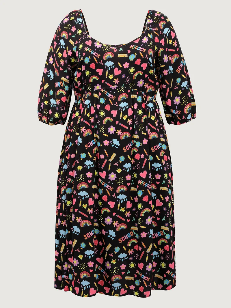 Playful School Print Rayon Deep Neck Midi Dress