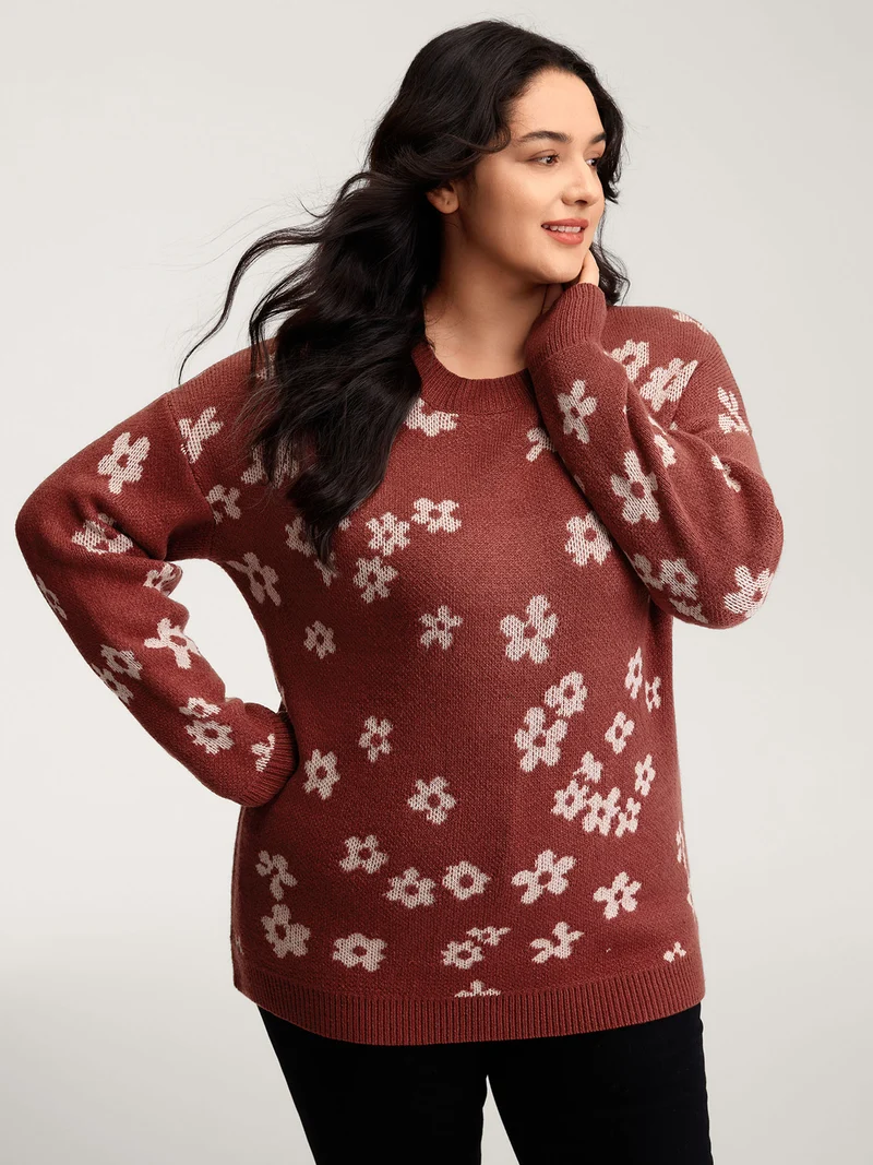 Floral Pattern Round Neck Ribbed Pullover