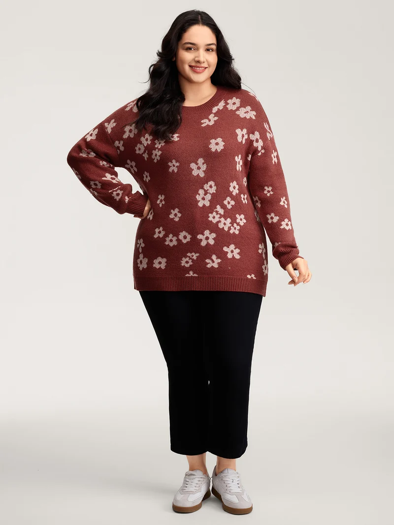 Floral Pattern Round Neck Ribbed Pullover