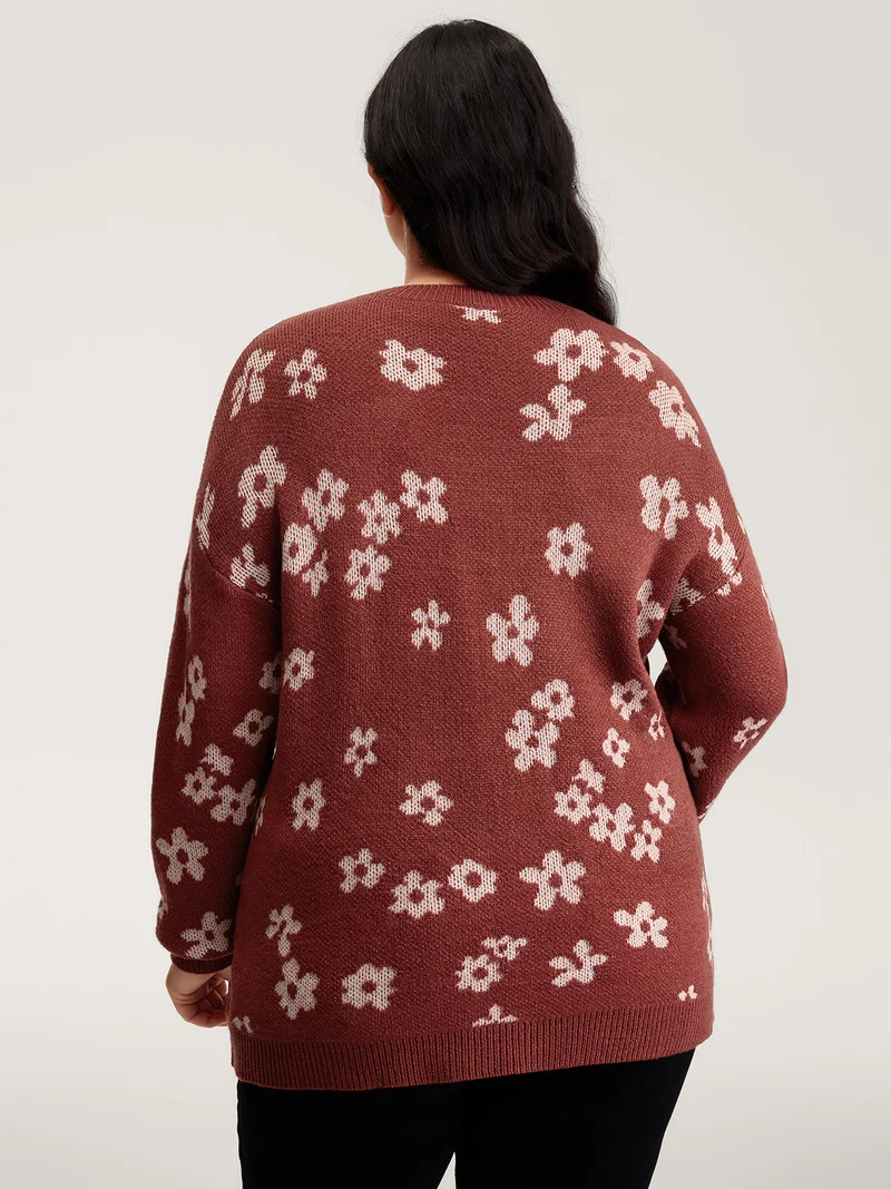 Floral Pattern Round Neck Ribbed Pullover