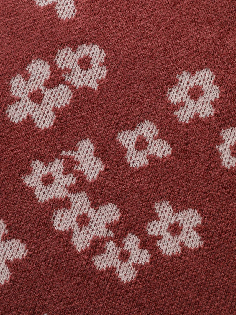 Floral Pattern Round Neck Ribbed Pullover