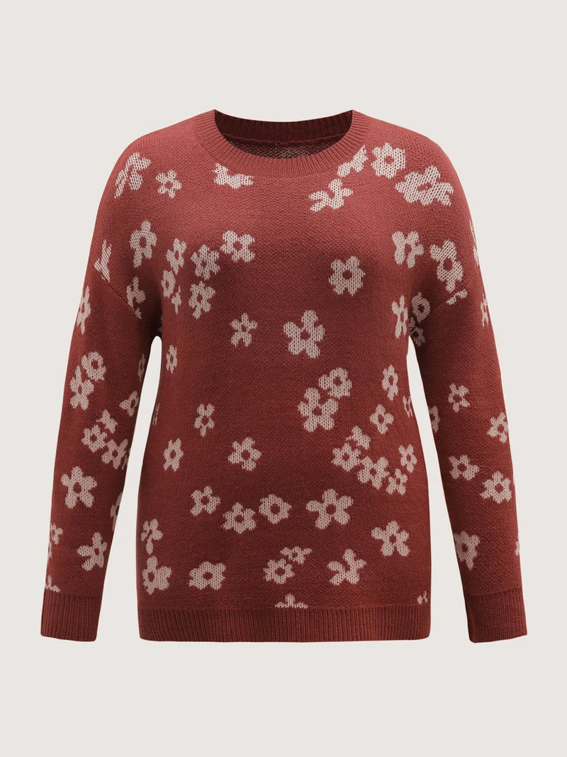 Floral Pattern Round Neck Ribbed Pullover