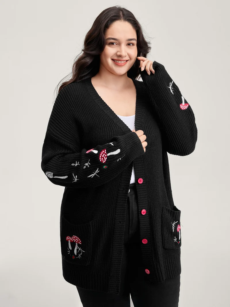 Mushroom Embroidery Textured Button Cardigan