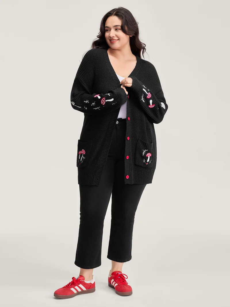 Mushroom Embroidery Textured Button Cardigan
