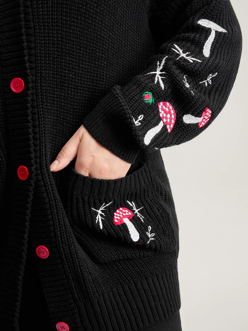 Mushroom Embroidery Textured Button Cardigan