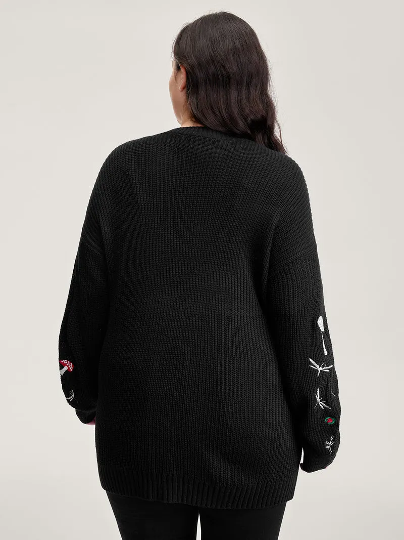 Mushroom Embroidery Textured Button Cardigan