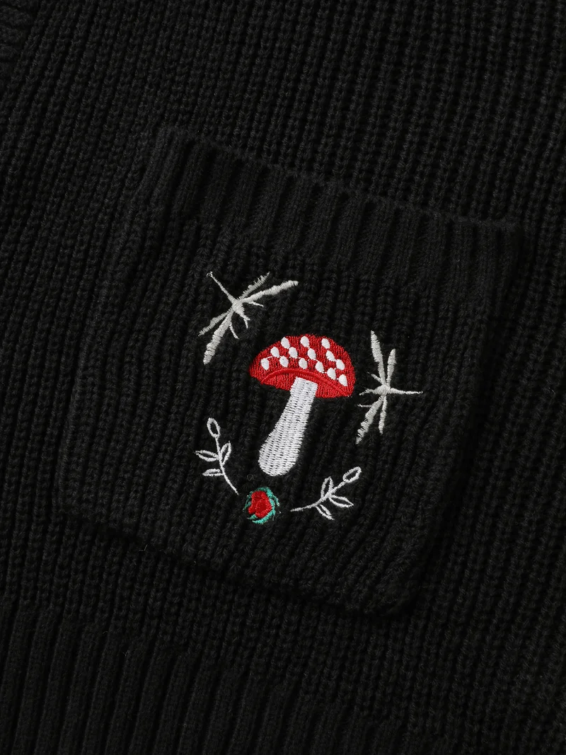 Mushroom Embroidery Textured Button Cardigan