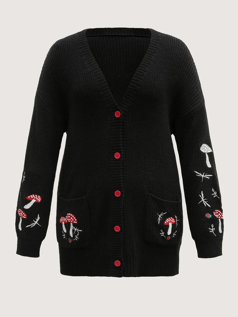 Mushroom Embroidery Textured Button Cardigan