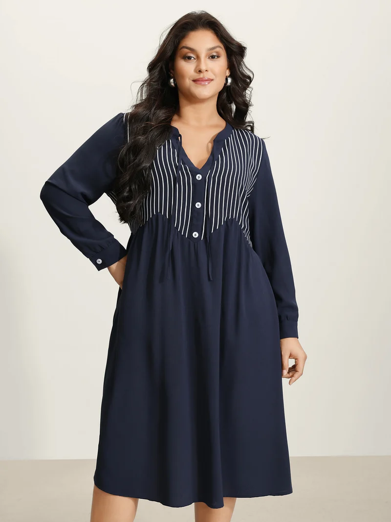 Striped Button Detail Stretchy Waist Midi Dress