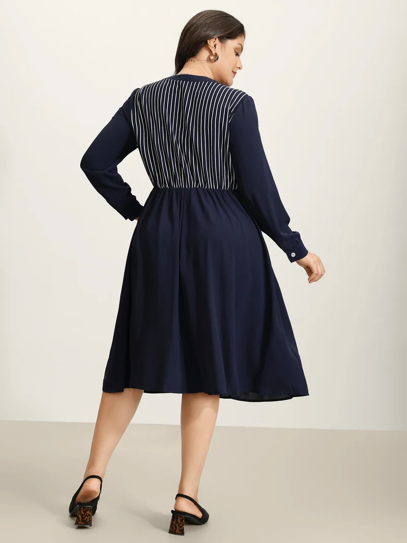 Striped Button Detail Stretchy Waist Midi Dress