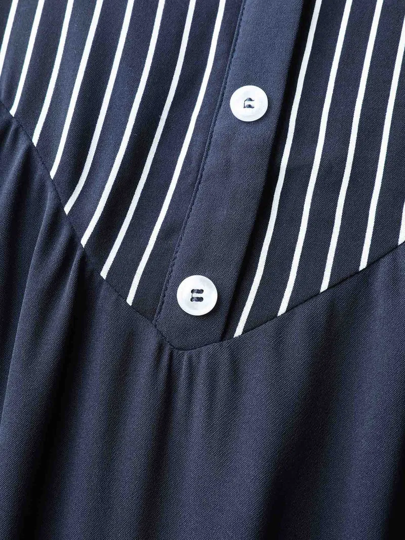 Striped Button Detail Stretchy Waist Midi Dress