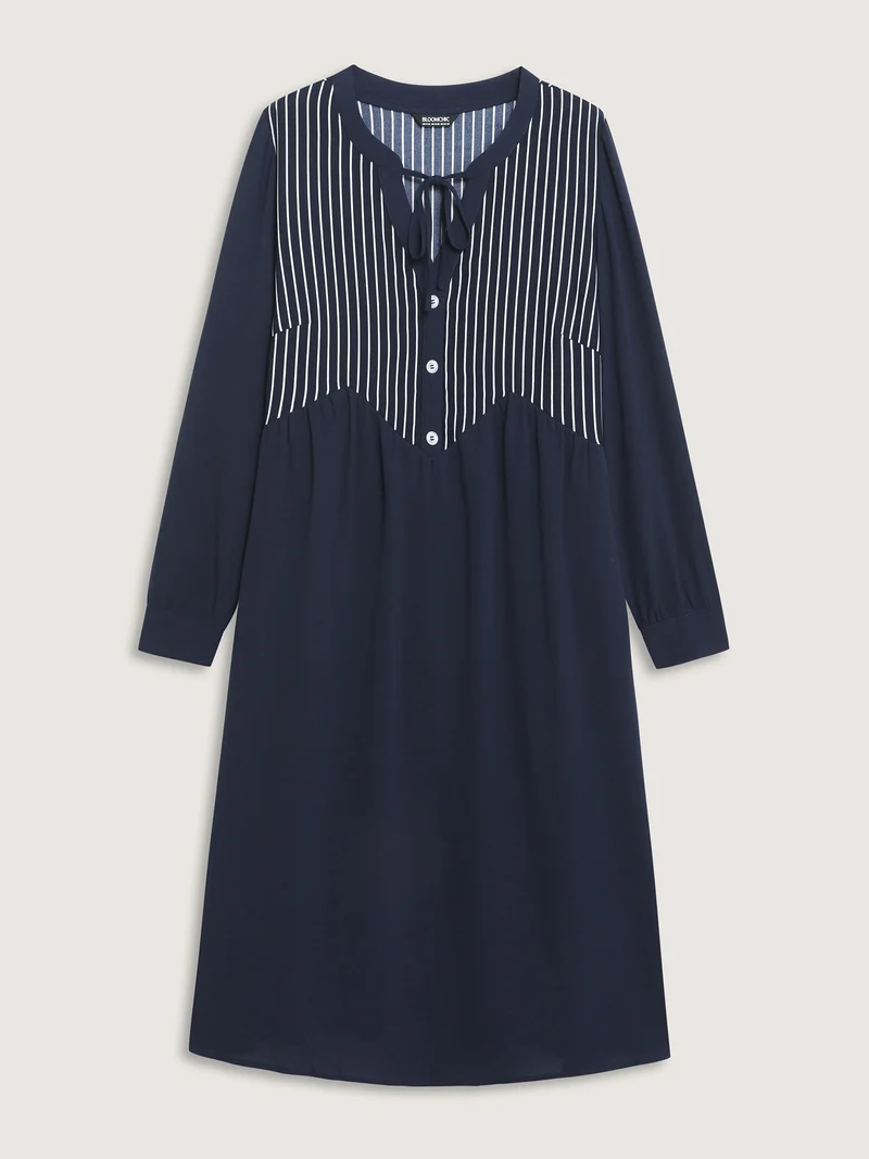 Striped Button Detail Stretchy Waist Midi Dress