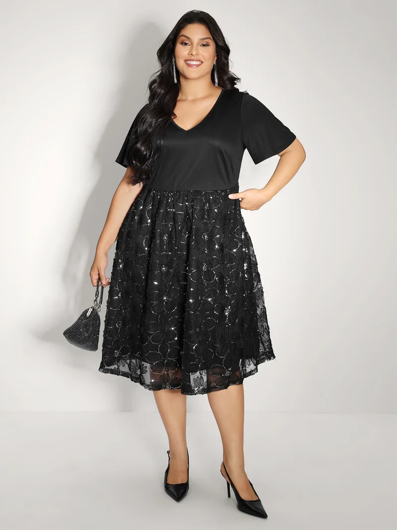 Sequin Embroidery Ruffled Sleeve Midi Dress