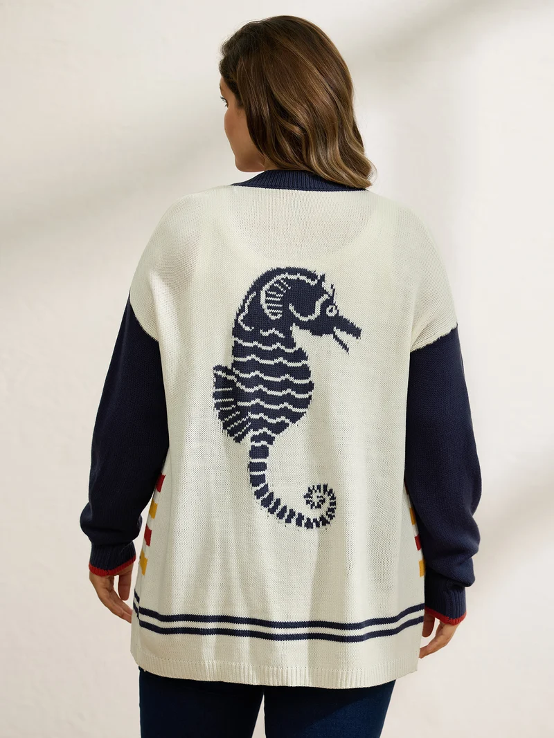 Colorful Stripe Seahorse Motif Jacquard Knit Cardigan