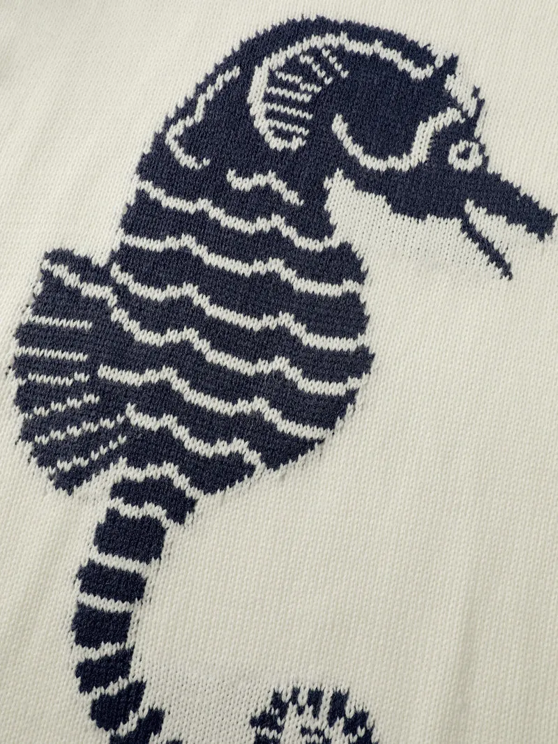 Colorful Stripe Seahorse Motif Jacquard Knit Cardigan