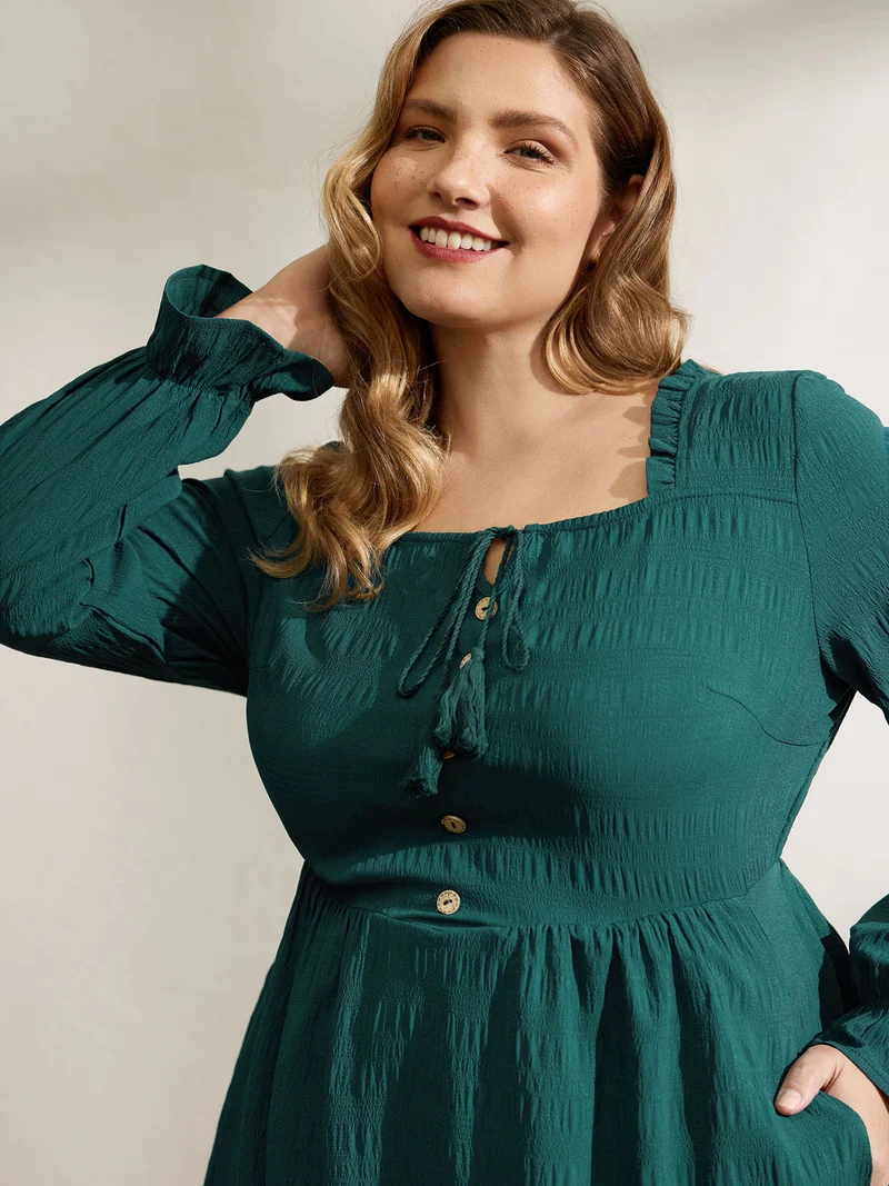 Textured Ruffled Neck Shirred Drawstring Midi Dress