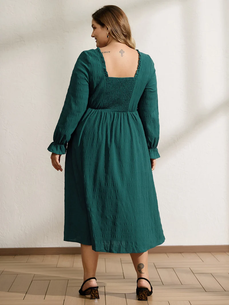 Textured Ruffled Neck Shirred Drawstring Midi Dress