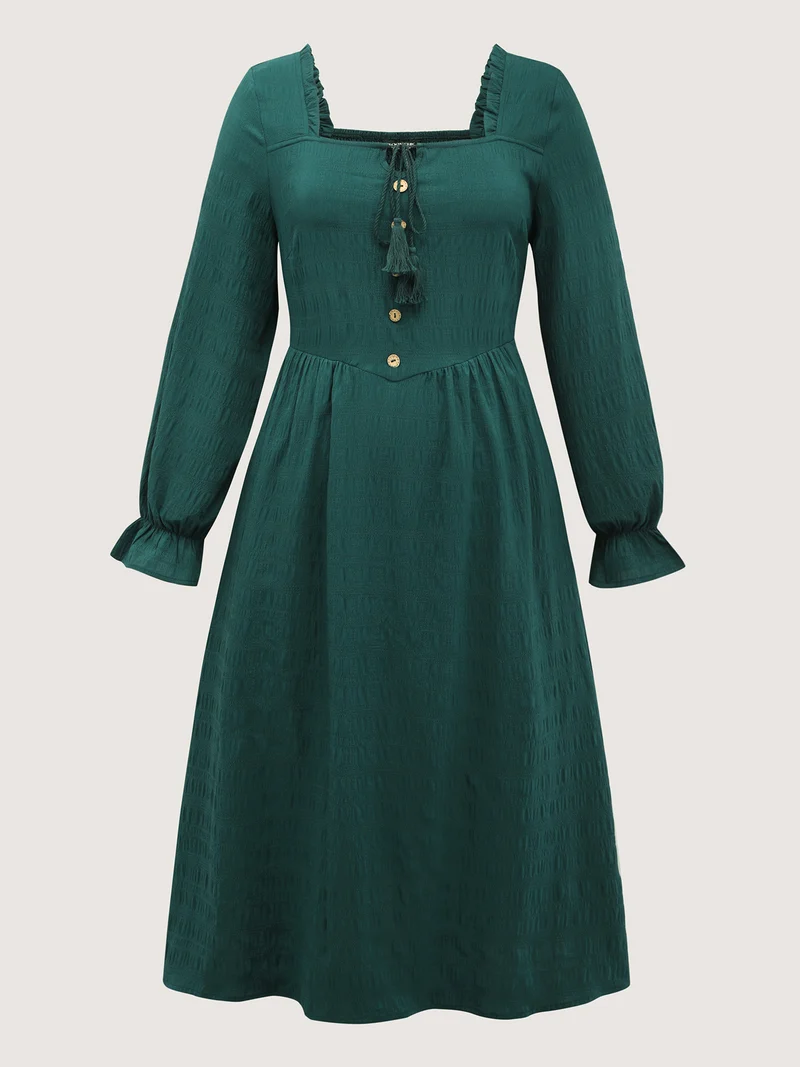 Textured Ruffled Neck Shirred Drawstring Midi Dress