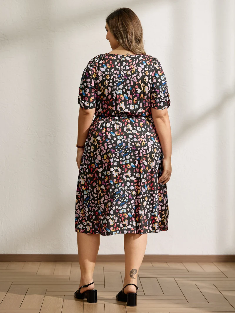 Rayon Leopard Print Drape Sleeve Midi Dress