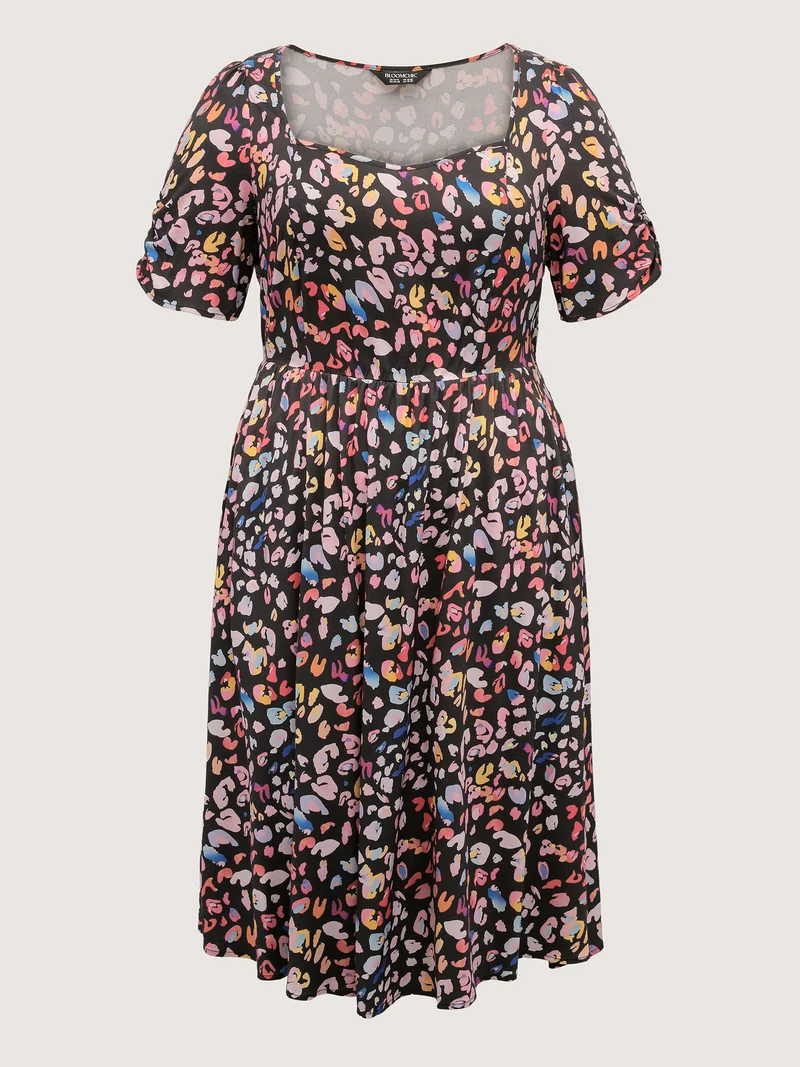Rayon Leopard Print Drape Sleeve Midi Dress