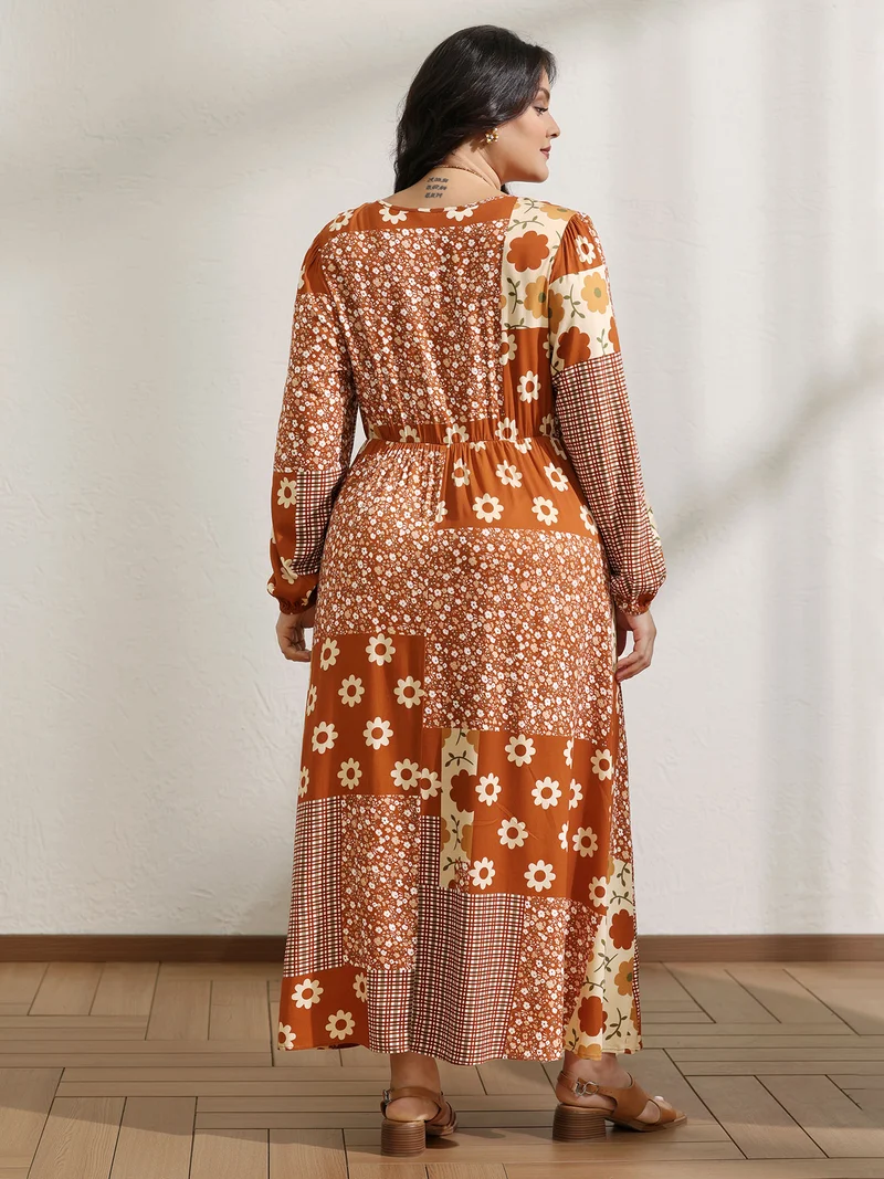 Floral Collage Print Lantern Sleeve Maxi Dress