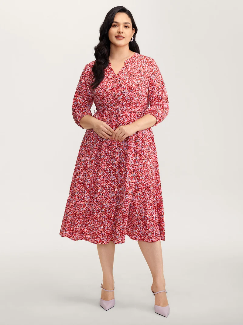 Floral Print Belted Waist Midi Dress