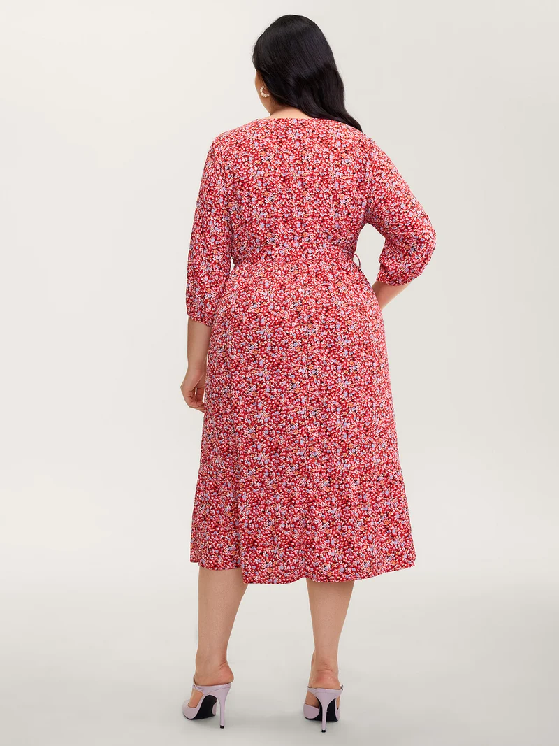 Floral Print Belted Waist Midi Dress