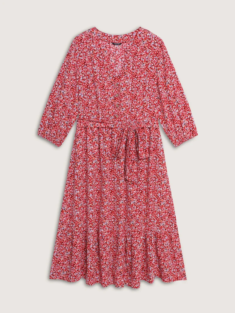 Floral Print Belted Waist Midi Dress