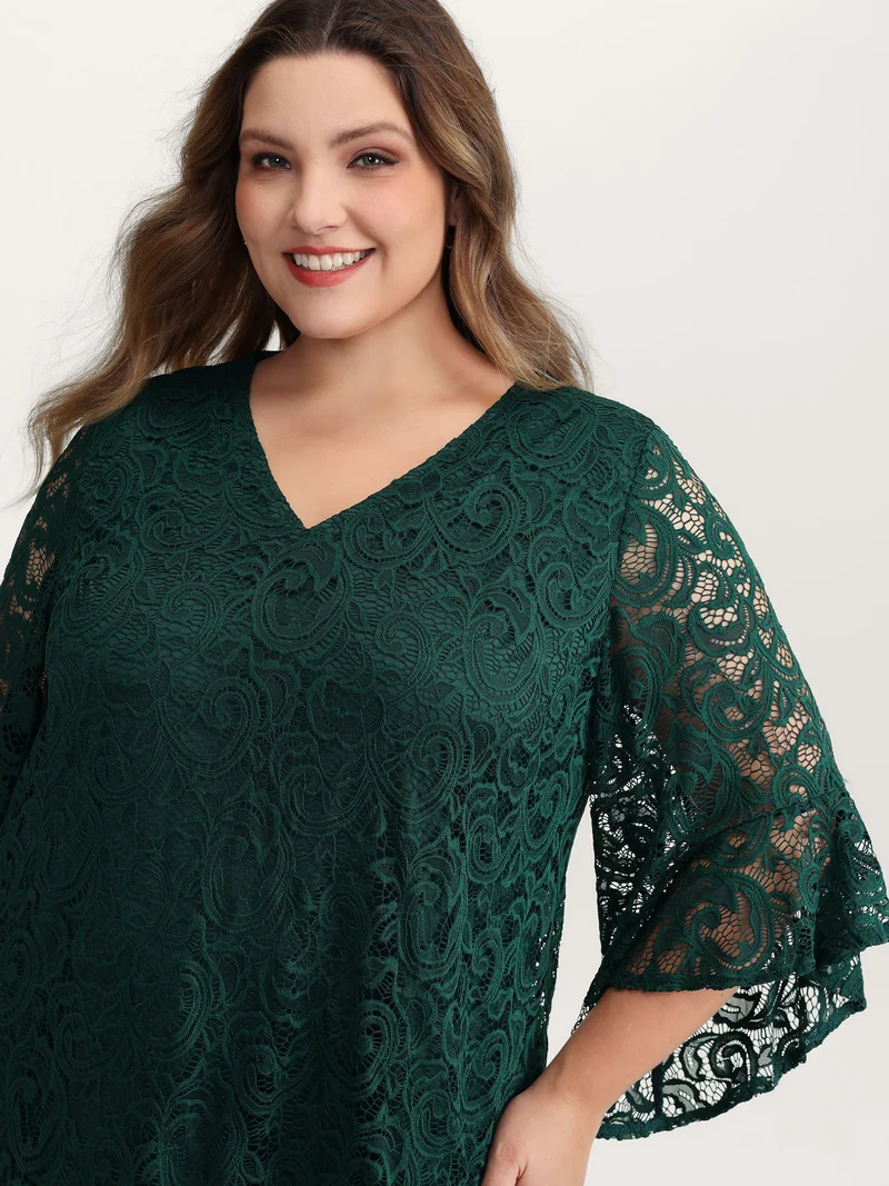 Lace Sheer Flared Sleeve V-Neck Blouse