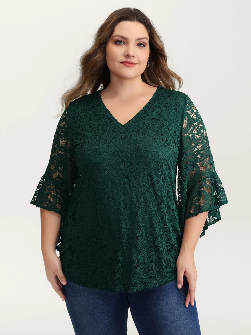 Lace Sheer Flared Sleeve V-Neck Blouse