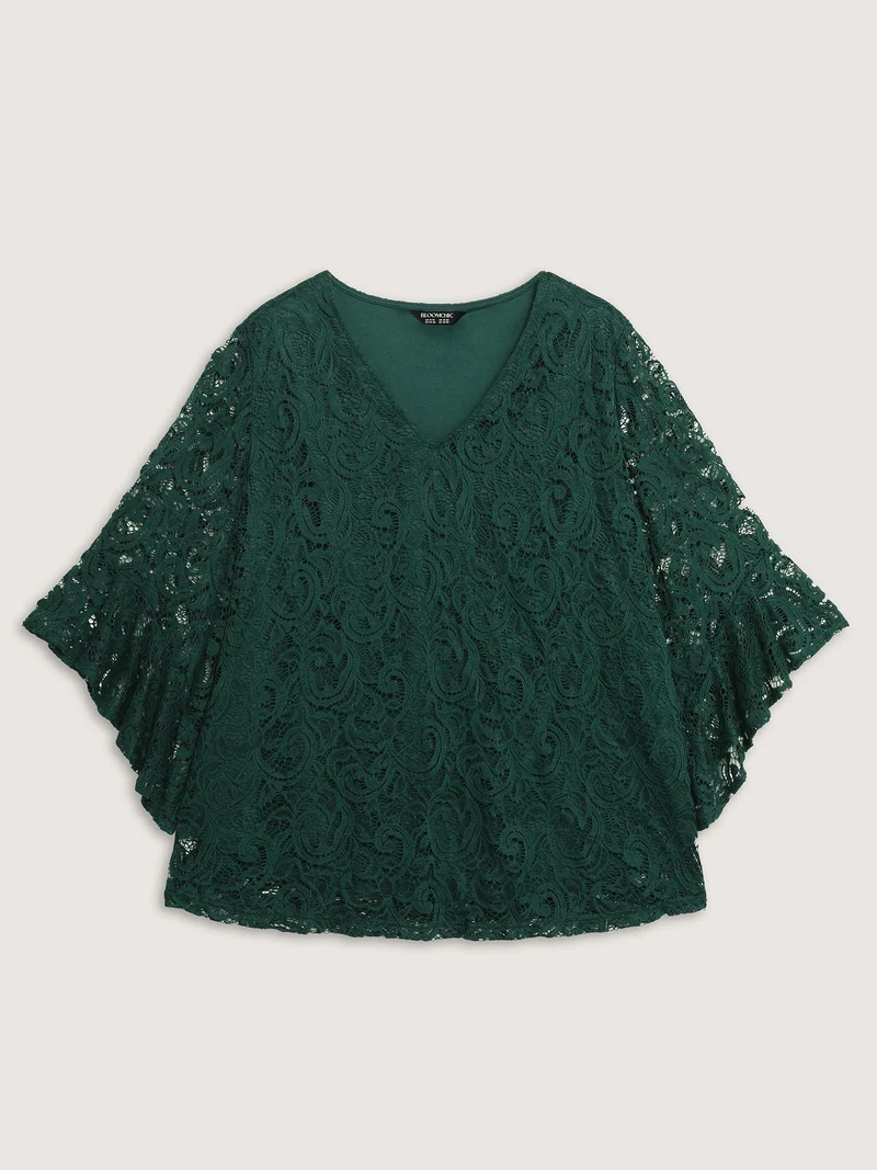 Lace Sheer Flared Sleeve V-Neck Blouse