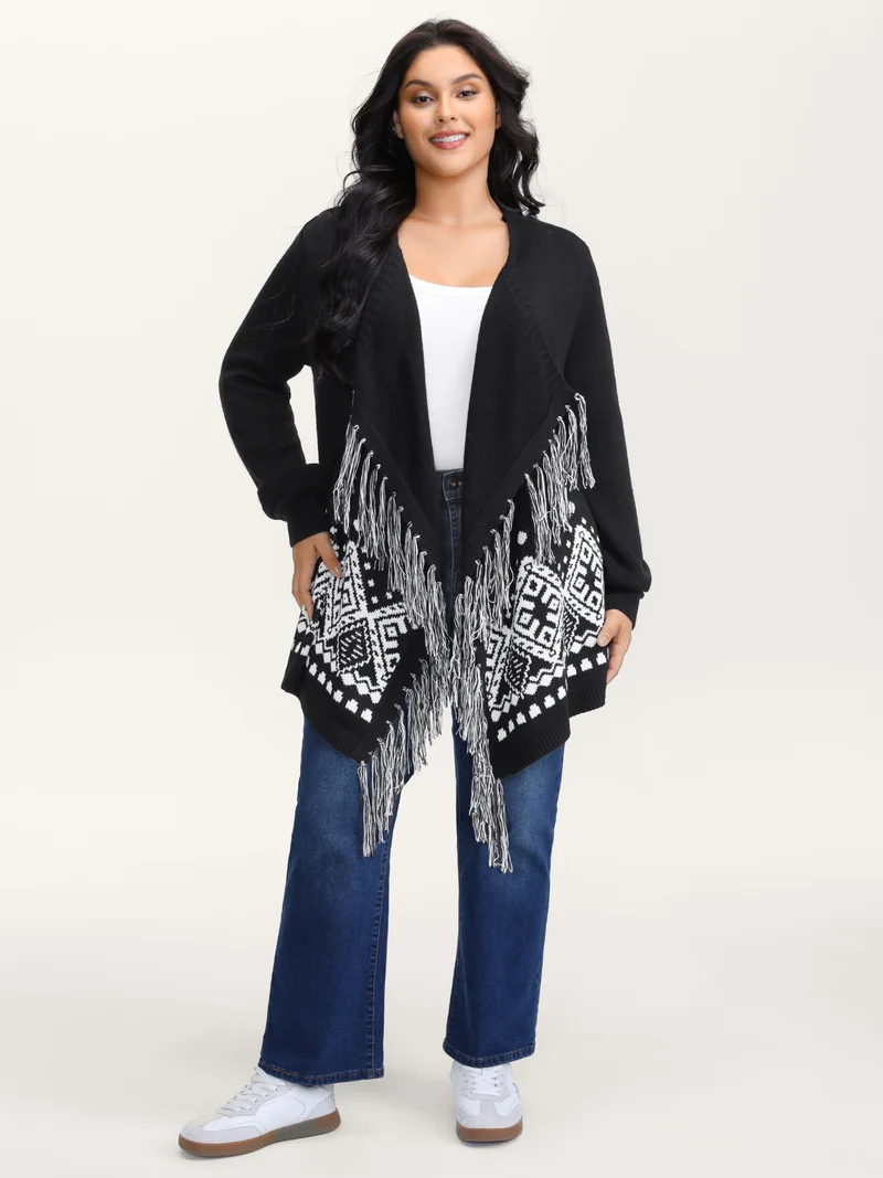 Geometrical Print Tassels Knit Cardigan