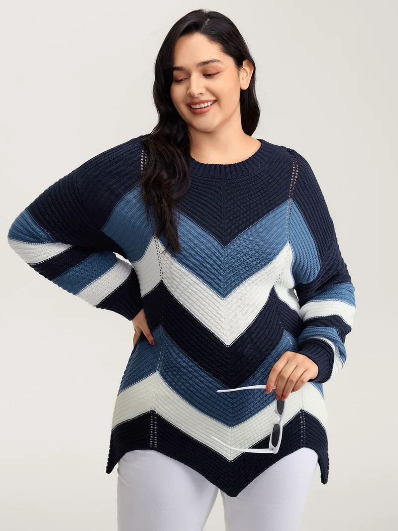 Round Neck Colorblock Asymmetrical Hem Pullover