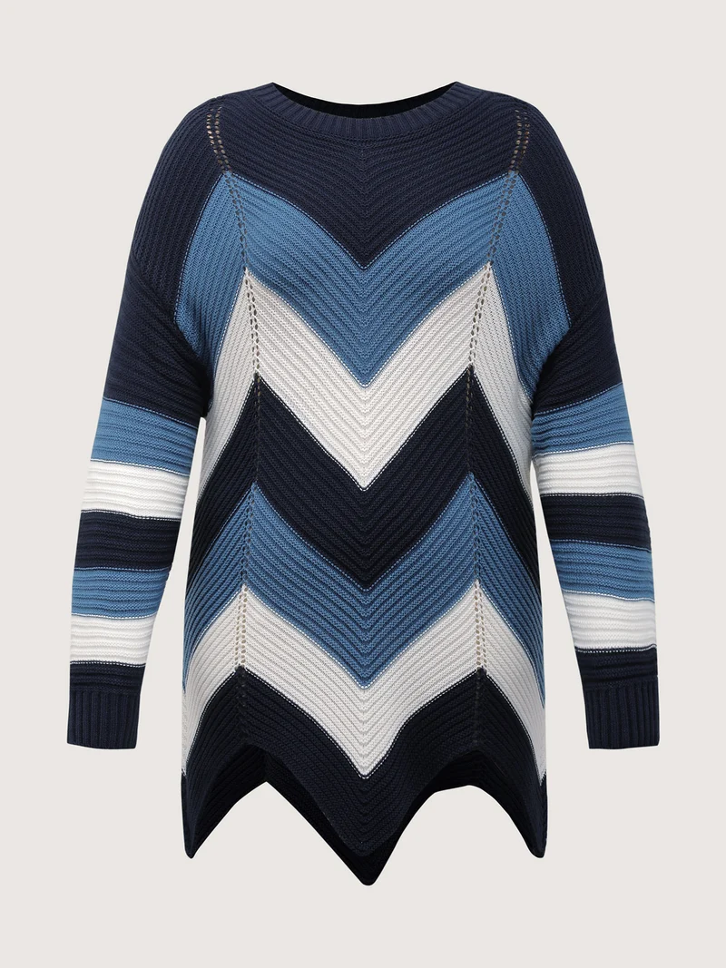 Round Neck Colorblock Asymmetrical Hem Pullover
