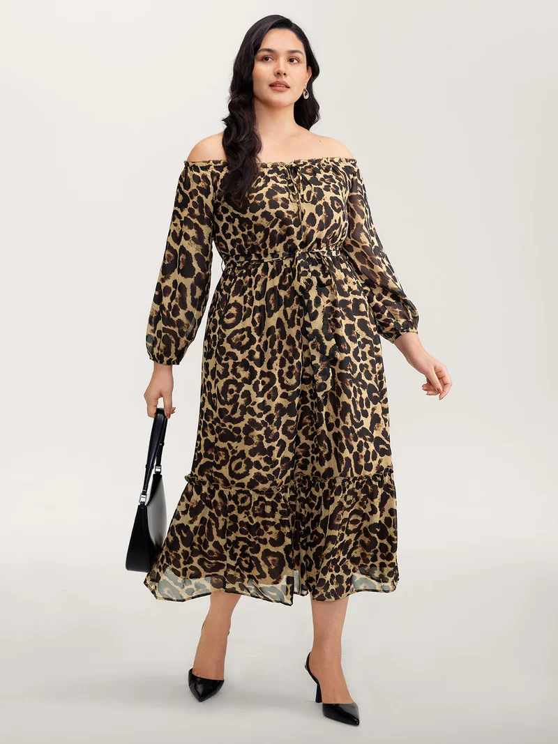 Off-Shoulder Leopard Print Sheer Maxi Dress