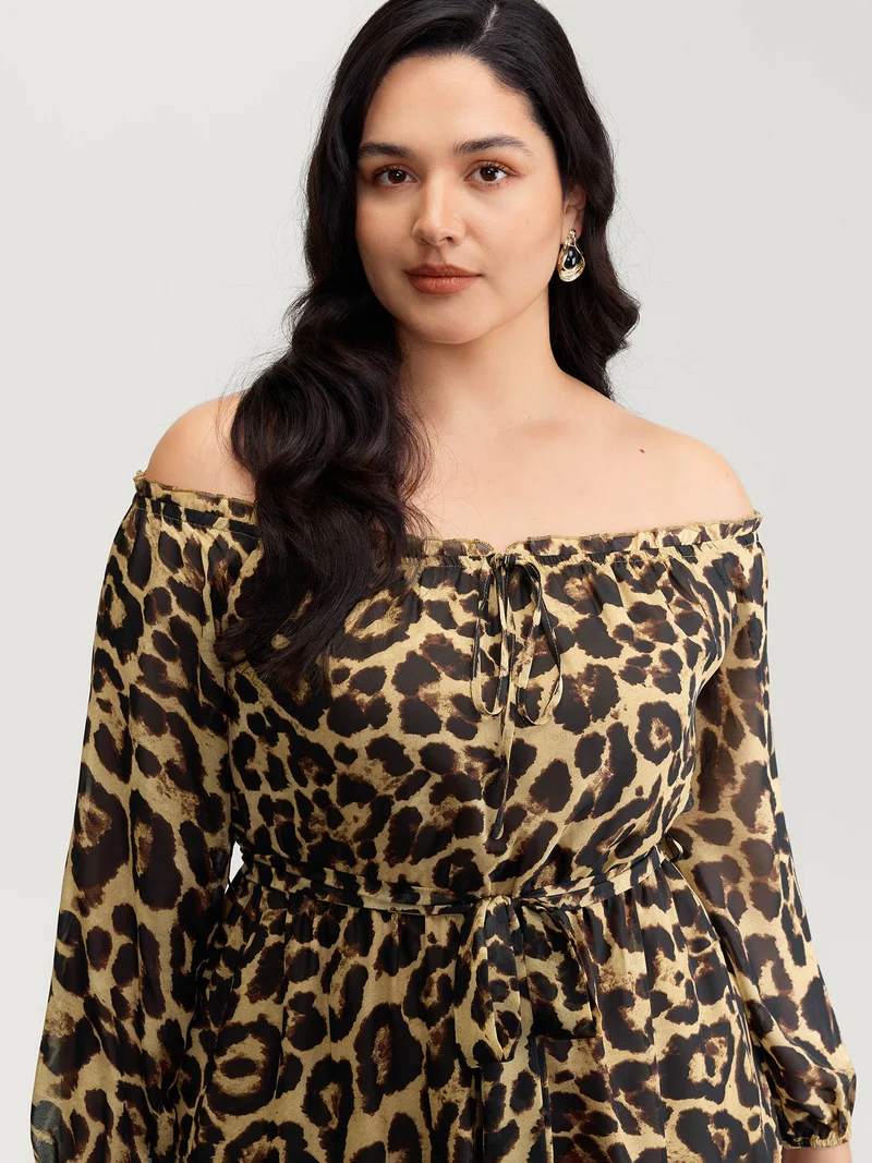 Off-Shoulder Leopard Print Sheer Maxi Dress