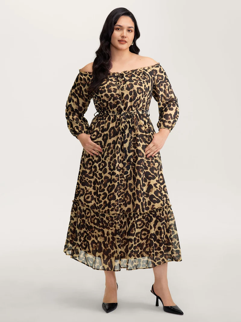 Off-Shoulder Leopard Print Sheer Maxi Dress