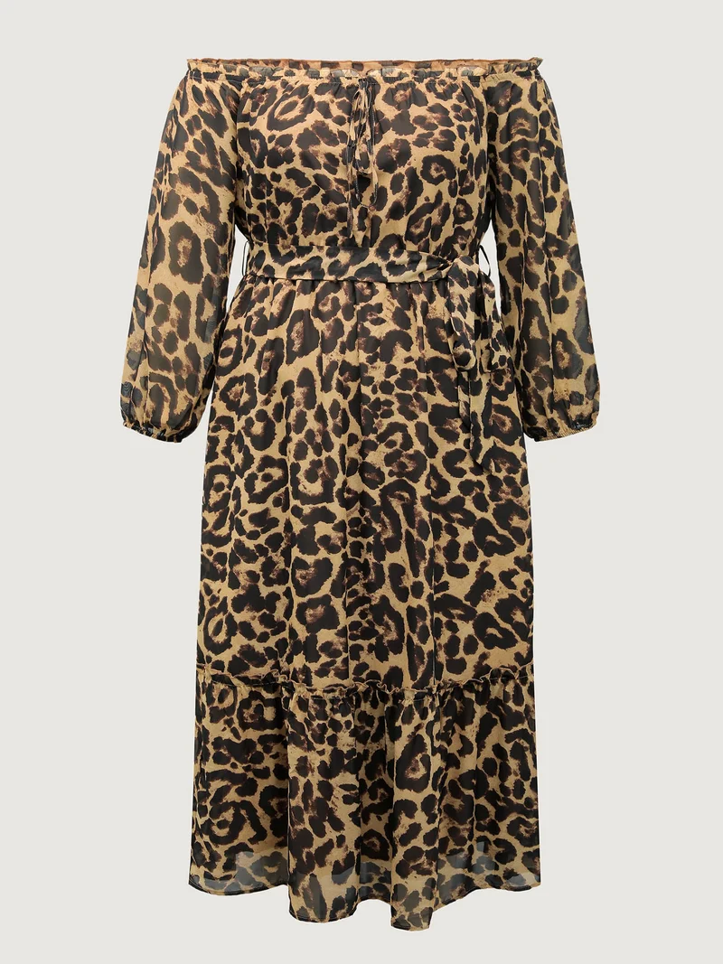Off-Shoulder Leopard Print Sheer Maxi Dress
