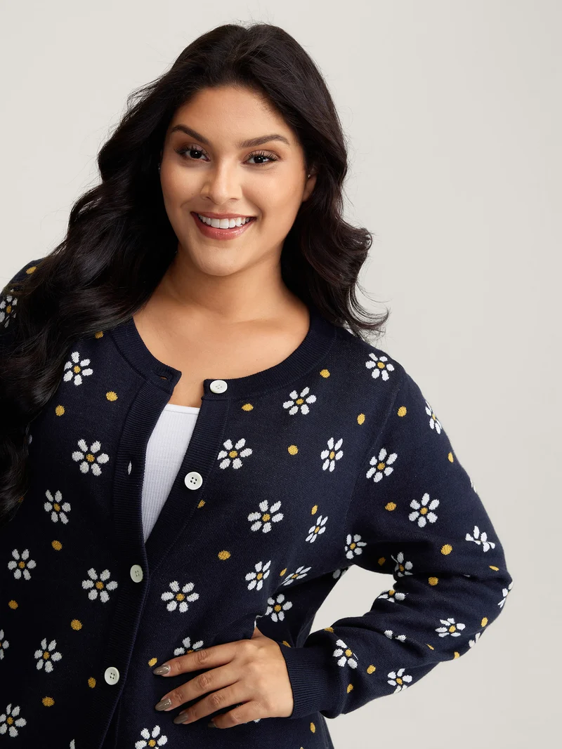 Floral Polka Dot Print Button Knit Cardigan