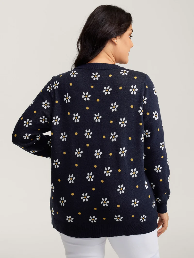 Floral Polka Dot Print Button Knit Cardigan