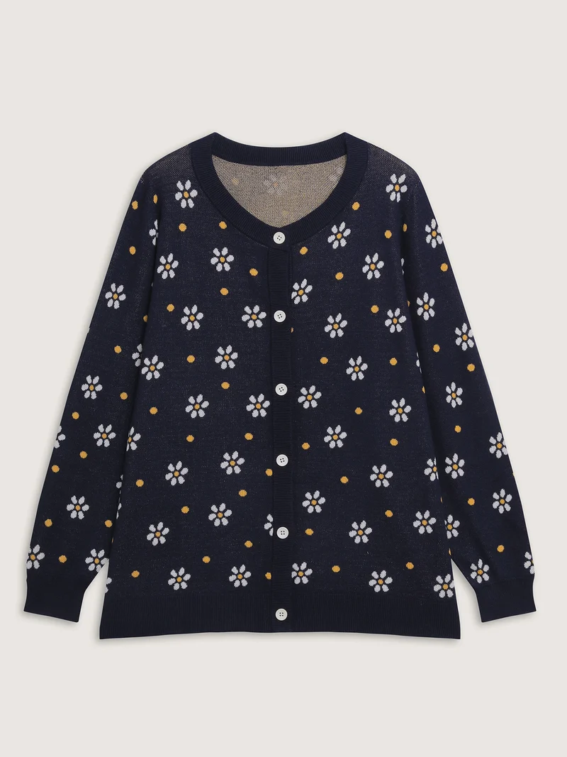 Floral Polka Dot Print Button Knit Cardigan
