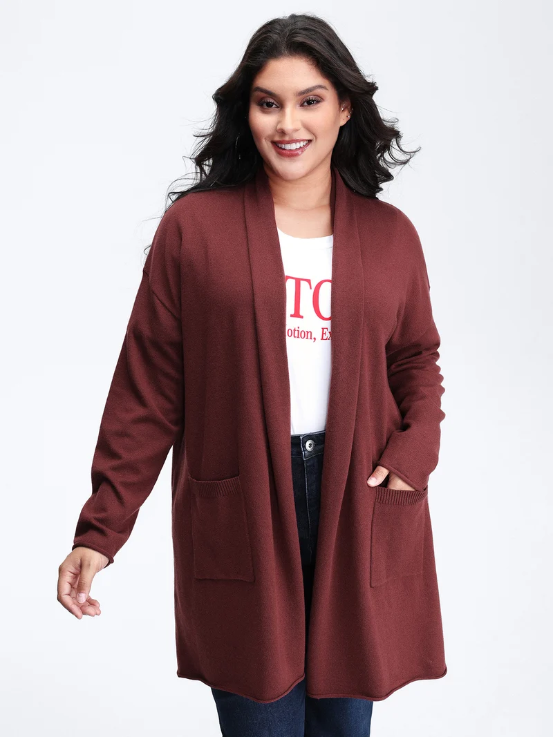 Supersoft Folded Collar Pocket Open-Front Knit Cardigan
