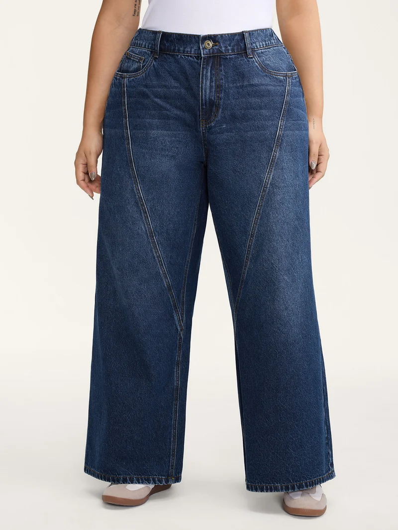 Distressed Stretchy Waist Wide-Leg Jeans