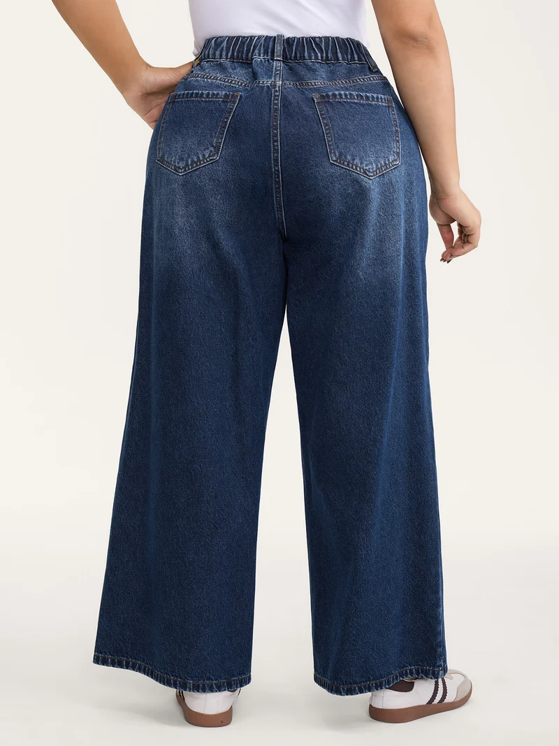 Distressed Stretchy Waist Wide-Leg Jeans