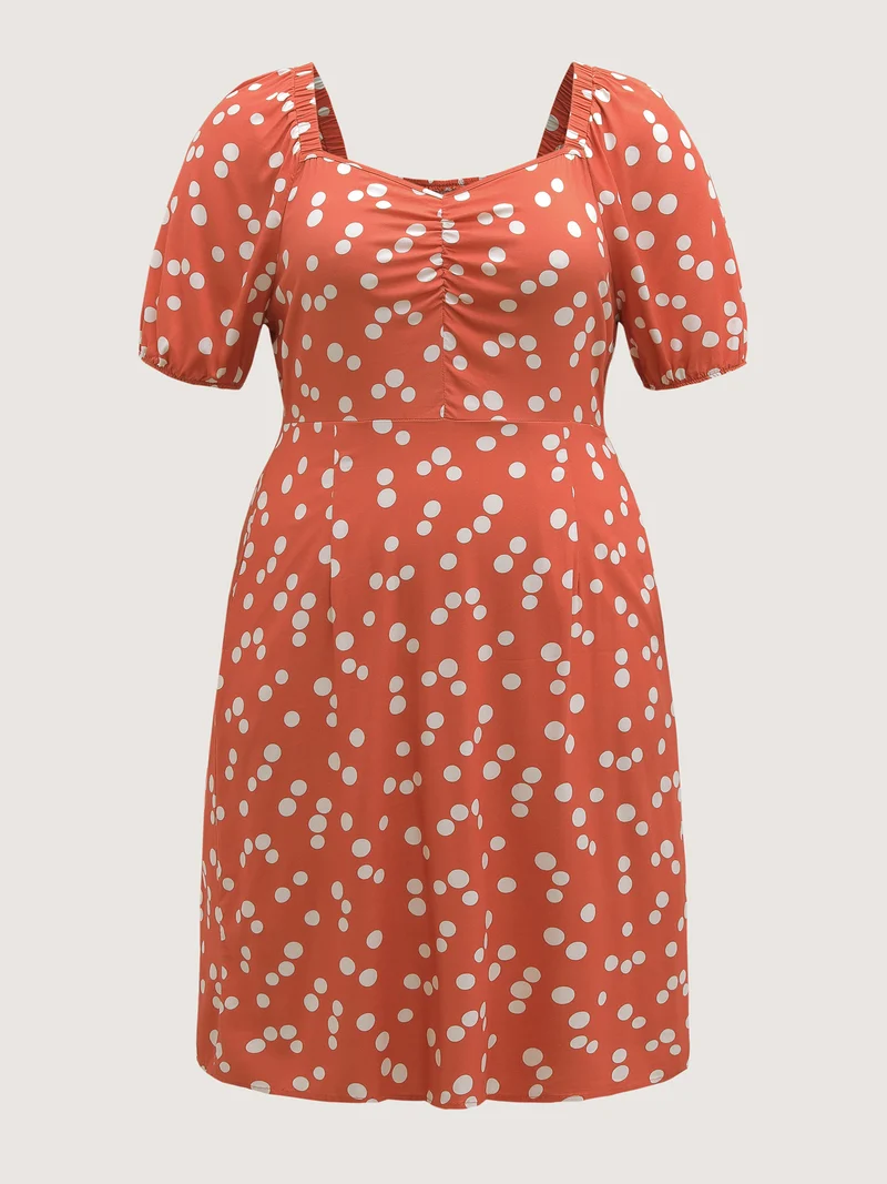 Polka Dots Gathered Bust Pockets Midi Dress